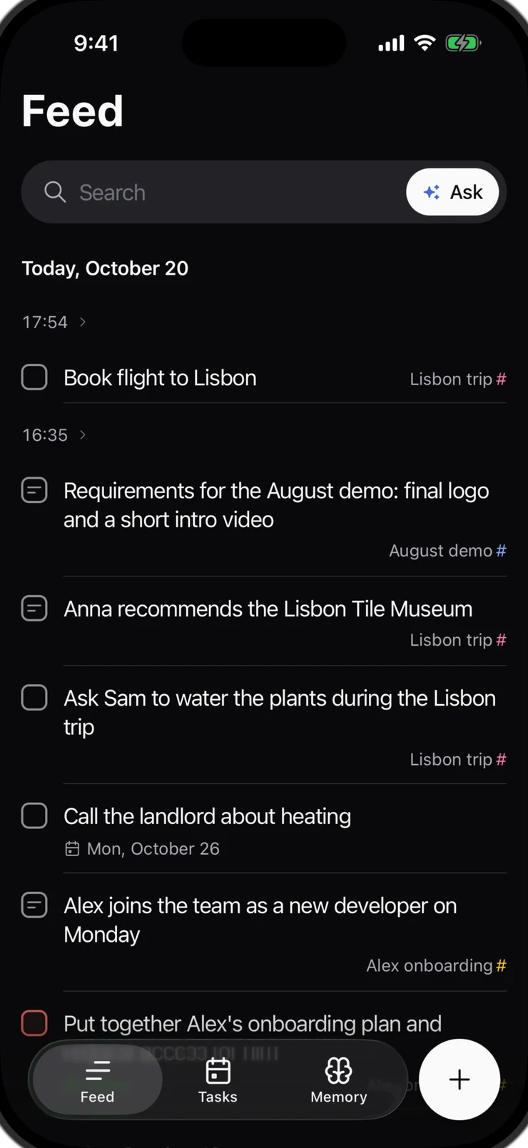 Alliva feed: today's thoughts sorted into tasks and notes, each in its thread