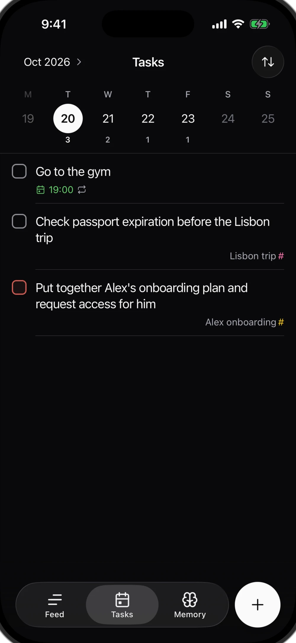 Tasks: the week with the number of tasks on each day, and today's list