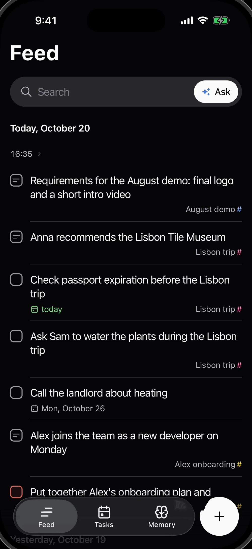 The feed right after: the cards about Lisbon now carry the Lisbon trip tag